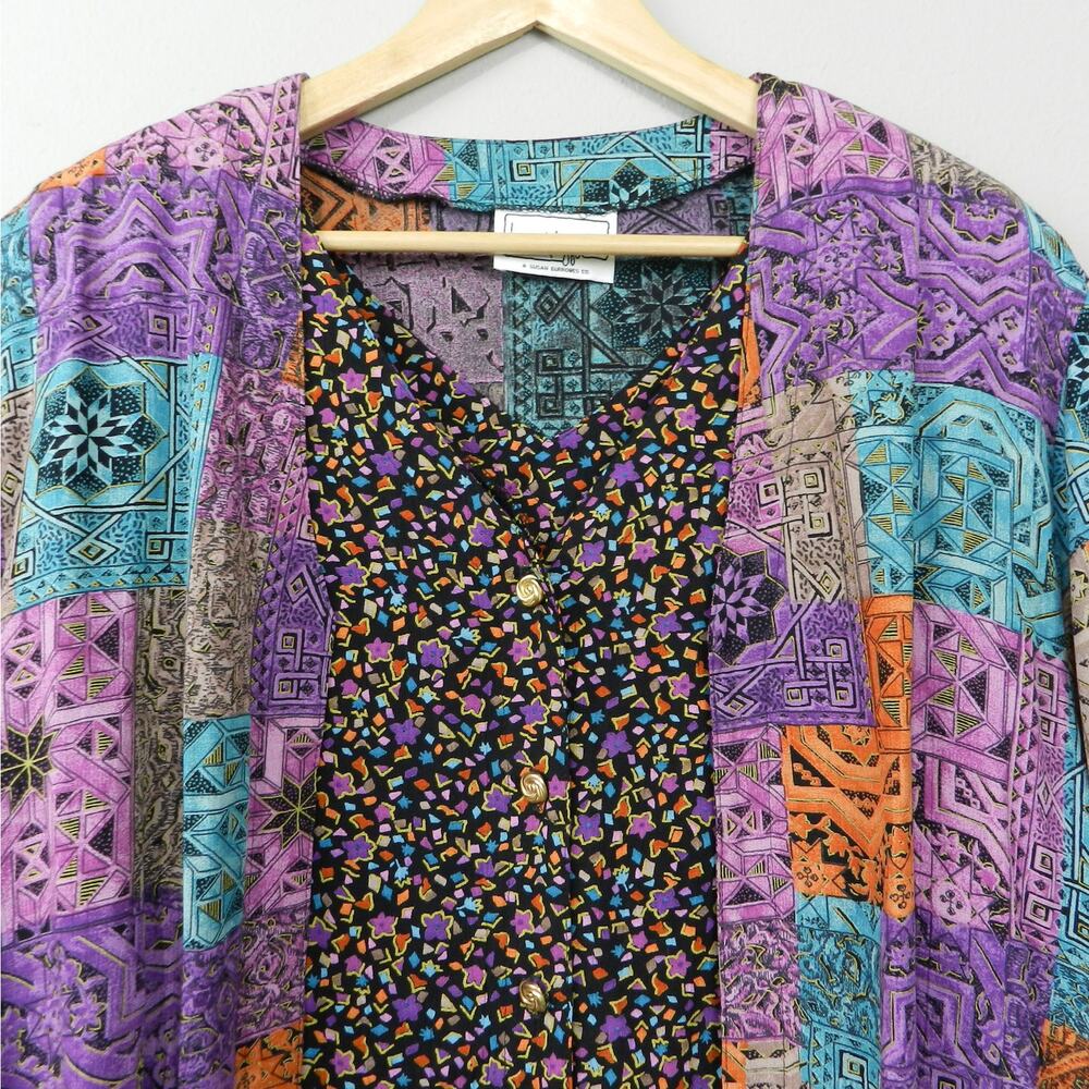 Vintage Laura Kieffer Twofer Jacket Top Sz XL Purple Teal Black Print 80s 90s - Picture 12 of 12